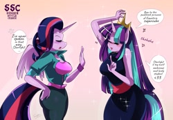 Size: 2173x1512 | Tagged: safe, artist:traupa, imported from derpibooru, starlight glimmer, twilight sparkle, alicorn, anthro, unicorn, alternate hairstyle, breasts, busty starlight glimmer, busty twilight sparkle, clothes, cross-popping veins, crown, duo, eyes closed, female, imitation, jewelry, mane swap, mare, regalia, smiling, sudden style change, twilight sparkle (alicorn)