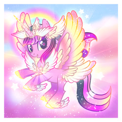 Size: 948x949 | Tagged: safe, artist:conphettey, imported from derpibooru, twilight sparkle, alicorn, pony, seraph, seraphicorn, butt wings, chest wings, female, goddess, horn wings, implied pinkie pie, meme, multiple wings, rainbow, smiling, solo, sparkles, thanks m.a. larson, this isn't even my final form, twilight sparkle (alicorn), wing ears, winged hooves