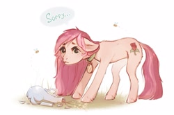 Size: 2560x1697 | Tagged: artist needed, safe, imported from derpibooru, roseluck, bee, earth pony, pony, behaving like a cat, broken, broken vase, collar, commissioner:doom9454, cute, digital art, ear fluff, female, floppy ears, fluffy, hoof fluff, mare, not pinkamena, pet tag, pony pet, rosepet, sad, sadorable, solo, sorry, speech bubble, text, vase