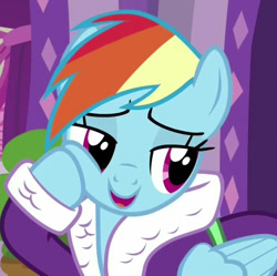 Size: 681x678 | Tagged: safe, imported from derpibooru, screencap, rainbow dash, pegasus, pony, applejack's "day" off, adorasexy, bathrobe, cheek squish, clothes, cropped, cute, dashabetes, lidded eyes, robe, sexy, smiling, squishy cheeks