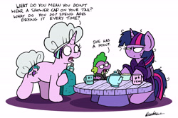 Size: 6502x4331 | Tagged: safe, artist:bobthedalek, imported from derpibooru, spike, starlight glimmer, twilight sparkle, alicorn, dragon, pony, unicorn, bathrobe, breakfast, clothes, coffee mug, dialogue, female, hat, lidded eyes, male, mare, messy mane, morning ponies, mug, open mouth, robe, shampoo bottle, shower cap, simple background, table, teapot, towel, twilight is not amused, twilight sparkle (alicorn), twilight sparkle is not amused, unamused, white background