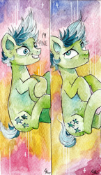 Size: 1024x1770 | Tagged: safe, artist:lailyren, artist:moonlight-ki, imported from derpibooru, sandbar, earth pony, pony, bookmark, dialogue, falling, male, scrunchy face, solo, traditional art, watercolor painting