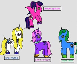 Size: 1132x947 | Tagged: safe, artist:ask-luciavampire, imported from derpibooru, oc, oc:amber sparkle, oc:dawn sunlight, oc:lunar mythic, oc:mark hero, bat pony, pony, unicorn, tumblr:ask-the-royal-teens, ask, profile, teenager, tumblr