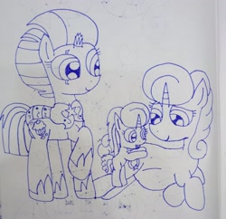 Size: 2992x2894 | Tagged: safe, artist:徐詩珮, imported from derpibooru, fizzlepop berrytwist, glitter drops, tempest shadow, oc, oc:betty pop, pony, unicorn, my little pony: the movie, broken horn, female, glittershadow, horn, lesbian, lineart, magical lesbian spawn, mare, mother and daughter, next generation, offspring, parent:glitter drops, parent:tempest shadow, parents:glittershadow, pregnant, royal guard, shipping, tempest becomes a royal guard, traditional art
