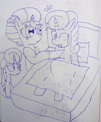 Size: 2850x3442 | Tagged: safe, artist:徐詩珮, imported from derpibooru, fizzlepop berrytwist, glitter drops, tempest shadow, oc, oc:betty pop, pony, unicorn, my little pony: the movie, bed, birth, broken horn, crying, female, glittershadow, horn, labor, lesbian, lineart, magical lesbian spawn, mare, mother and daughter, next generation, offspring, parent:glitter drops, parent:tempest shadow, parents:glittershadow, pregnant, royal guard, shipping, tempest becomes a royal guard, traditional art