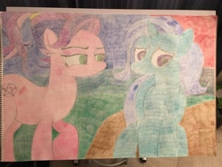 Size: 4032x3024 | Tagged: safe, imported from derpibooru, spoiled rich, trixie, pony, colored pencil drawing, grass, outdoor, outdoors, road, spoiled milk, sun, sun set, sunset, traditional art, trail