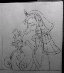 Size: 900x1030 | Tagged: safe, artist:supra80, imported from derpibooru, mane-iac, spike, anthro, clothes, dress, hat, jewelry, kissing, marriage, pencil drawing, spike-iac, tiara, top hat, traditional art, tuxedo, wedding, wedding dress, wedding veil
