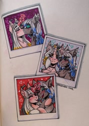 Size: 1545x2168 | Tagged: safe, artist:serodart, imported from derpibooru, oc, oc:angela allur, oc:bricky lester, earth pony, pony, unicorn, female, kissing, lesbian, magic, makeup, open mouth, photo, photos, polaroid, selfie, shipping, smiling, traditional art