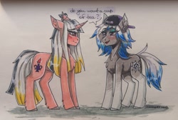Size: 1794x1207 | Tagged: safe, artist:serodart, imported from derpibooru, oc, oc:angela allur, oc:bricky lester, earth pony, pony, unicorn, cap, duo, ear fluff, female, hat, lesbian, shipping, smiling, text, traditional art