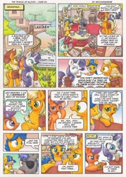 Size: 3495x4885 | Tagged: safe, artist:xeviousgreenii, imported from derpibooru, applejack, rarity, scootaloo, oc, oc:diskette drives, pony, comic:the temple of bloom, cider mug, comic, eyepatch, female, juice, juice box, male, mare, mug, spit take, stallion