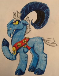 Size: 2481x3211 | Tagged: safe, artist:bozzerkazooers, imported from derpibooru, grogar, the beginning of the end, cloven hooves, colored pencil drawing, looking at something, male, ram, rasied hooves, simple background, solo, traditional art, white background