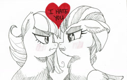 Size: 1280x810 | Tagged: safe, artist:tragic-seti, imported from derpibooru, lightning dust, limestone pie, earth pony, pegasus, pony, black and white, blatant lies, blushing, chest fluff, female, grayscale, gritted teeth, heart, lesbian, limedust, limetsun pie, love, mare, monochrome, partial color, shipping, traditional art, tsundere, tsundust, wavy mouth