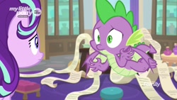 Size: 1920x1080 | Tagged: safe, imported from derpibooru, screencap, spike, starlight glimmer, dragon, pony, the beginning of the end, cabinet, chair, discovery family logo, flying, looking at each other, scroll, winged spike, wings, worried