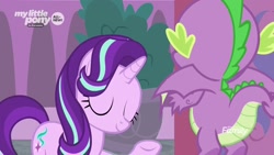 Size: 1920x1080 | Tagged: safe, imported from derpibooru, screencap, spike, starlight glimmer, dragon, pony, the beginning of the end, discovery family logo, eyes closed, flying, looking at each other, plant, raised hoof, winged spike, wings