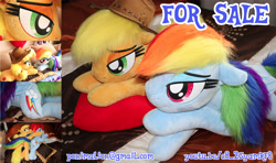 Size: 4320x2560 | Tagged: safe, artist:ponimalion, imported from derpibooru, applejack, rainbow dash, pegasus, pony, bed, bedroom eyes, couch, female, folded wings, freckles, hat, irl, laying on bed, life size, lying, lying on bed, mare, photo, plushie, sofa bed, wings