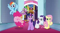 Size: 1280x720 | Tagged: safe, imported from derpibooru, screencap, applejack, fluttershy, pinkie pie, rainbow dash, rarity, spike, twilight sparkle, alicorn, dragon, earth pony, pegasus, pony, unicorn, the beginning of the end, canterlot throne room, claws, cutie mark, falling, female, male, mane seven, mane six, mare, twilight sparkle (alicorn), winged spike, wings