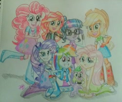 Size: 1463x1224 | Tagged: safe, artist:prinrue, imported from derpibooru, applejack, fluttershy, pinkie pie, rainbow dash, rarity, sci-twi, spike, spike the regular dog, sunset shimmer, twilight sparkle, dog, human, equestria girls, friendship games, applejack's hat, clothes, cowboy hat, crystal prep academy uniform, glasses, hat, humane five, humane seven, humane six, right there in front of me, school uniform, stetson, traditional art