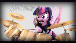 Size: 9600x5400 | Tagged: safe, artist:imafutureguitarhero, artist:tjpones, imported from derpibooru, sci-twi, twilight sparkle, alicorn, pony, 2d to 3d, 3d, absurd file size, absurd resolution, adaptation, adidas, angry, bandage, black bars, chromatic aberration, clothes, colored eyebrows, drum kit, drum set, drumming, drums, drumsticks, exclamation point, female, film grain, freckles, frown, glare, hair bun, hoodie, hoof hold, horn, mare, monochrome, motion blur, musical instrument, open mouth, recursive fanart, scitwilicorn, signature, simple background, solo, source filmmaker, text, twilight sparkle (alicorn), wallpaper, white background, wings, yeah, yelling
