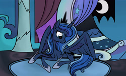 Size: 4808x2896 | Tagged: safe, artist:monsterglad, imported from derpibooru, princess luna, alicorn, pony, bed, female, looking back, mare, smiling, solo, wings