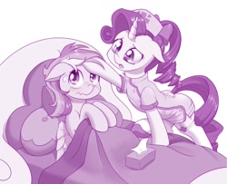 Size: 1280x1038 | Tagged: safe, artist:dstears, imported from derpibooru, rainbow dash, rarity, pegasus, pony, unicorn, bed, blushing, female, floppy ears, mare, monochrome, nurse outfit, pillow, sick, simple background, sweat, sweatdrop, tissue box