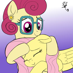 Size: 2000x2000 | Tagged: safe, artist:tomtornados, imported from derpibooru, fluttershy, posey shy, pegasus, pony, cute, female, glasses, gradient background, happy, mare, mother and daughter, shyabetes, sleeping, smiling, weapons-grade cute