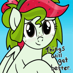 Size: 849x849 | Tagged: safe, artist:sjart117, imported from derpibooru, oc, oc only, oc:watermelana, pegasus, pony, animated, barely animated, blue background, blushing, female, freckles, gif, looking at you, mare, motivational, positive ponies, simple background, solo, speech
