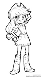 Size: 589x1100 | Tagged: safe, artist:lindsay cibos, imported from derpibooru, applejack, human, equestria girls, black and white, cowboy hat, female, grayscale, hat, looking at you, monochrome, simple background, smiling, solo, stetson, white background