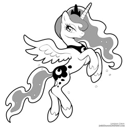 Size: 834x850 | Tagged: safe, artist:lindsay cibos, imported from derpibooru, princess luna, alicorn, pony, black and white, female, flying, grayscale, hoof shoes, jewelry, mare, monochrome, peytral, simple background, smiling, solo, tiara, white background