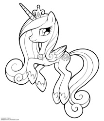 Size: 729x850 | Tagged: safe, artist:lindsay cibos, imported from derpibooru, princess cadance, alicorn, pony, black and white, female, grayscale, hoof shoes, jewelry, mare, monochrome, peytral, simple background, smiling, solo, tiara, white background