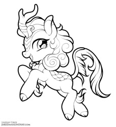 Size: 728x800 | Tagged: safe, artist:lindsay cibos, imported from derpibooru, autumn blaze, kirin, awwtumn blaze, black and white, cloven hooves, cute, female, grayscale, leonine tail, looking back, mare, monochrome, simple background, smiling, solo, white background