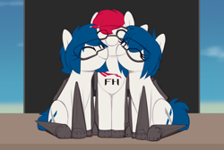 Size: 1897x1271 | Tagged: safe, artist:shinodage, imported from derpibooru, oc, oc only, oc:falcon (rocket), oc:full thrust, oc:merlin, pony, rocket pony, cute, eyes closed, falcon heavy, goggles, nuzzling, ponified, smiling, spacex, trio