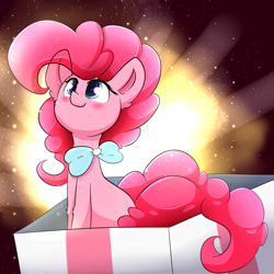 Size: 1600x1600 | Tagged: safe, artist:madacon, imported from derpibooru, pinkie pie, pony, blushing, bow, bowtie, box, cute, diapinkes, ear fluff, female, leg fluff, micro, pony in a box, present, simple background, smiling, solo, transparent background