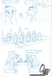 Size: 800x1177 | Tagged: safe, artist:omny87, imported from derpibooru, princess celestia, princess luna, alicorn, pony, chess, crown, dialogue, jewelry, magic, monochrome, patreon, regalia, sketch, telekinesis