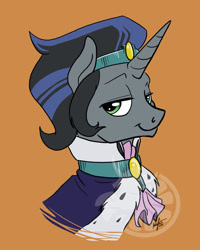 Size: 600x750 | Tagged: safe, artist:zene, idw, imported from derpibooru, king sombra, pony, reflections, spoiler:comic, bust, flat colors, good king sombra, lidded eyes, male, orange background, portrait, simple background, solo, stupid sexy sombra