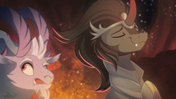 Size: 1600x900 | Tagged: safe, artist:noxartbox, deleted from derpibooru, imported from derpibooru, grogar, king sombra, unicorn, the beginning of the end, armor, eyes closed, fangs, looking at something, male, scene interpretation, smiling, smug, stallion