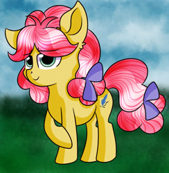 Size: 1280x1313 | Tagged: safe, artist:rainbowtashie, imported from derpibooru, kettle corn, earth pony, pony, bow, cute, ear fluff, female, filly, gift art, hair bow, kettlebetes, solo, tail bow