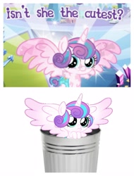 Size: 3106x4096 | Tagged: safe, edit, imported from derpibooru, princess flurry heart, alicorn, pony, abuse, background pony strikes again, downvote bait, drama, flurry heart drama, flurrybuse, gameloft, go to sleep sombra, into the trash it goes, meme, op is a duck, op is a slowpoke, op is trying to start shit, op isn't even trying anymore, trash can, wat, why, wow! glimmer, wtf