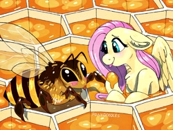 Size: 2048x1536 | Tagged: safe, artist:incendiaryboobs, artist:incendiarymoth, imported from derpibooru, fluttershy, bee, pegasus, pony, :p, beehive, blushing, chest fluff, cute, ear fluff, eye contact, female, floppy ears, fluffy, food, giant insect, honey, honeycomb (structure), looking at each other, mare, micro, shyabetes, silly, sitting, smiling, spread wings, tiny, tiny ponies, tongue out, wings