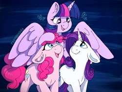 Size: 2048x1536 | Tagged: safe, artist:incendiaryboobs, artist:incendiarymoth, imported from derpibooru, pinkie pie, rarity, twilight sparkle, alicorn, earth pony, pony, unicorn, female, heart, lesbian, polyamory, rarilight, rarilightpie, raripie, shipping, twilight sparkle (alicorn), twinkie
