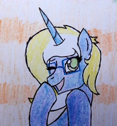 Size: 1872x2030 | Tagged: safe, artist:cloudsky14, imported from derpibooru, oc, oc:time vortex (kaifloof), oc:time vortex (th3bluerose), alicorn, pony, alicorn oc, cute, glasses, one eye closed, traditional art, wink