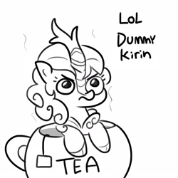 Size: 1650x1650 | Tagged: safe, artist:tjpones, imported from derpibooru, autumn blaze, kirin, pony, awwtumn blaze, cup, cup of pony, cute, female, food, frown, glare, grayscale, kirin beer, kirin tea, lineart, looking up, madorable, micro, monochrome, mundane utility, ponies in food, simple background, solo, tea, teabag, teacup, teapot, text, this will end in fire, this will end in nirik, unamused, white background