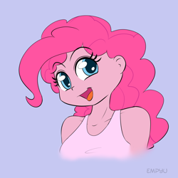 Size: 1000x1000 | Tagged: safe, artist:empyu, imported from derpibooru, pinkie pie, equestria girls, beautiful, clothes, cute, diapinkes, female, moe, open mouth, pink, shirt, simple background, smiling, solo, tanktop