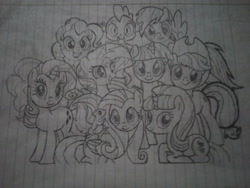 Size: 3264x2448 | Tagged: safe, artist:worldoflight, imported from derpibooru, applejack, fluttershy, pinkie pie, rainbow dash, rarity, spike, starlight glimmer, sunset shimmer, twilight sparkle, pony, squirrel, group, lined paper, mane seven, mane six, pencil drawing, traditional art