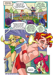 Size: 610x851 | Tagged: safe, artist:art-2u, imported from derpibooru, apple bloom, applejack, oc, oc:ketchup water, comic:sweet home appleloosa wrestling, equestria girls, apple bloom's bow, armband, armpits, background human, boots, bow, breasts, busty applejack, camera, clothes, comic, hair bow, knee pads, leotard, muscles, shoes, shorts, sports, wrestler, wrestling, wrestling ring, wristband