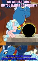 Size: 500x791 | Tagged: safe, edit, edited screencap, imported from derpibooru, screencap, cozy glow, grogar, pegasus, pony, sheep, the beginning of the end, crystal ball, dariusz odija, female, filly, grogar's crystal ball meme, grogar's orb, male, meme, pinky and the brain, polish, ram, reference, voice actor joke