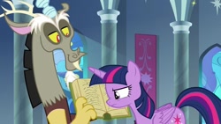 Size: 1276x720 | Tagged: safe, imported from derpibooru, screencap, discord, twilight sparkle, alicorn, pony, the beginning of the end, canterlot throne room, cutie mark, female, male, mare, twilight sparkle (alicorn), wings
