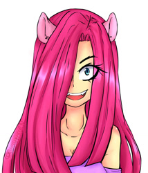 Size: 1024x1197 | Tagged: safe, artist:girlunicorn, imported from derpibooru, pinkie pie, human, cute, cute little fangs, eared humanization, fangs, female, hair over one eye, humanized, pinkamena diane pie, simple background, solo, white background