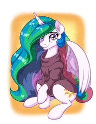 Size: 2550x3300 | Tagged: safe, artist:latecustomer, imported from derpibooru, part of a set, princess celestia, alicorn, pony, clothes, cute, cutelestia, female, lip bite, looking at you, mare, raised hoof, sitting, solo, sweater