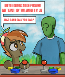 Size: 1071x1262 | Tagged: safe, artist:nignogs, imported from derpibooru, button mash, oc, oc:anon, human, pony, /mlp/, clothes, colt, dialogue, hat, male, sad, video game