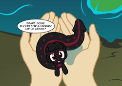 Size: 3144x2226 | Tagged: safe, artist:badumsquish, derpibooru exclusive, imported from derpibooru, oc, oc only, human, lamprey, leech, leech pony, monster pony, original species, pony, dialogue, fangs, freckles, hand, holding a pony, hungry, in goliath's palm, lidded eyes, lilypad, looking at you, misconception, misleading thumbnail, offscreen character, open mouth, phallic symbol, pond, pov, smiling, solo focus, spots, stripe, talking to viewer, water, wet